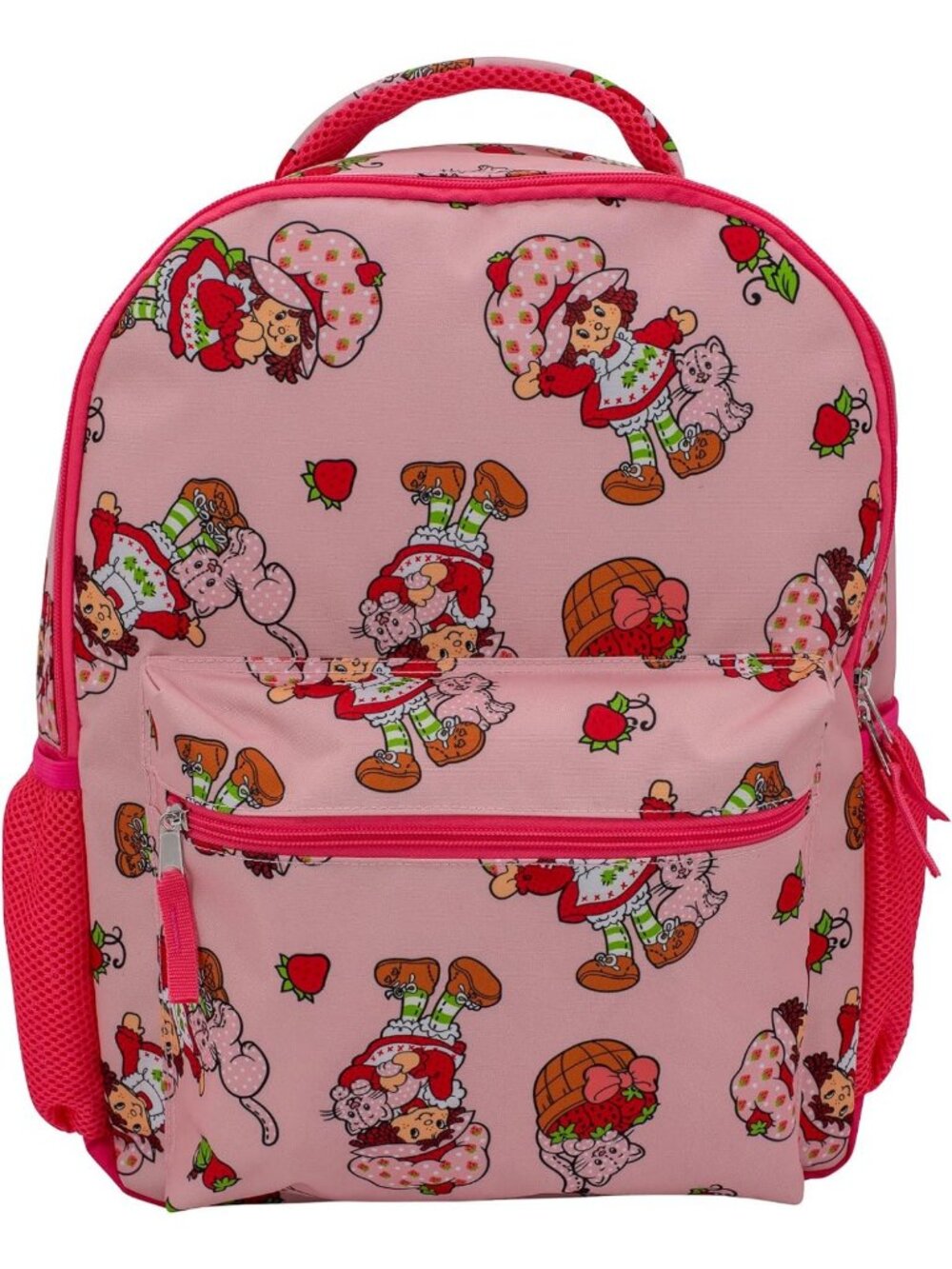 Cute Strawberry Shortcake 16” Backpack with Front Pocket for Girls, Pink Allover
